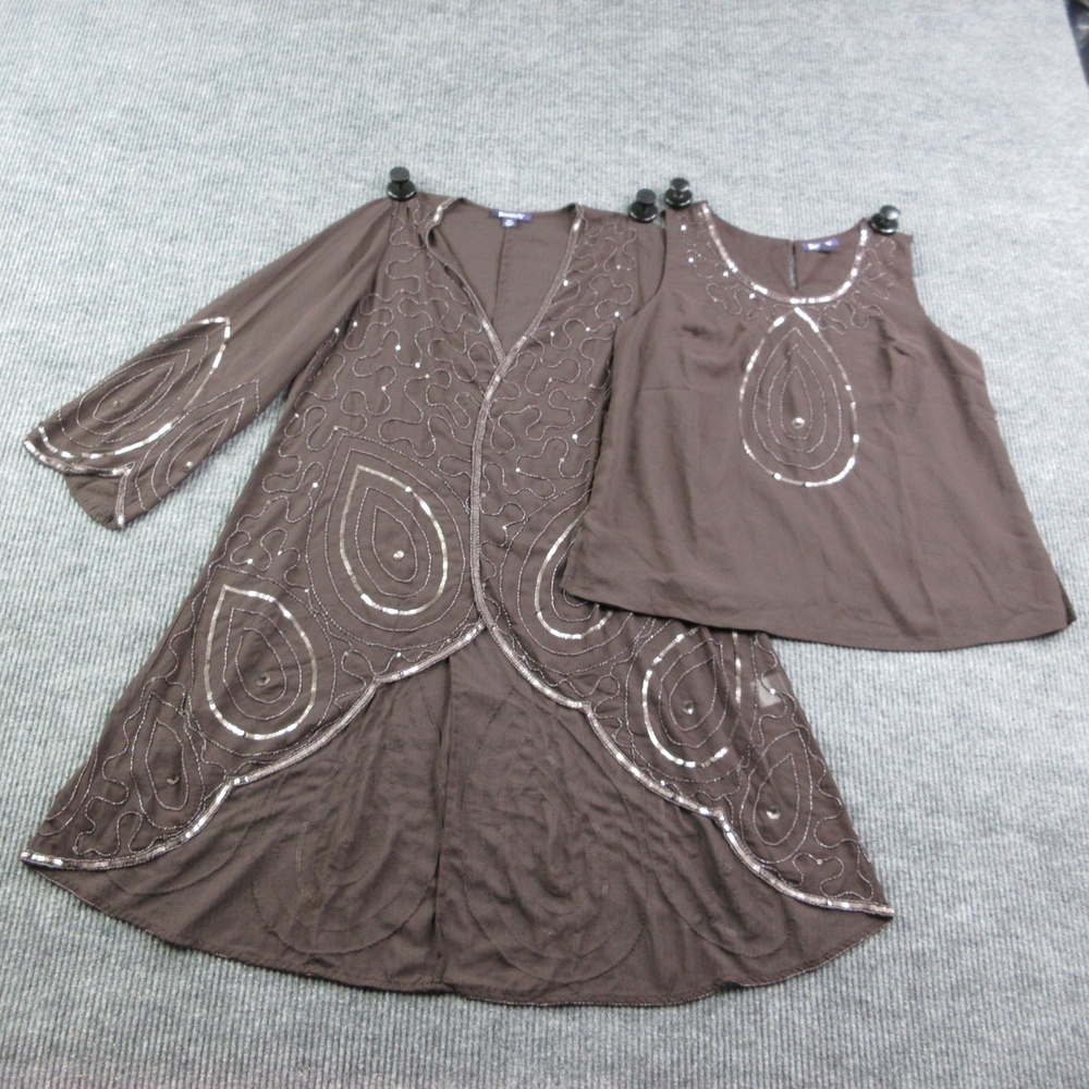 Roaman's Jacket Shirt Womens 14W Brown Beaded Embroidered Sequin Long Tank NWT
